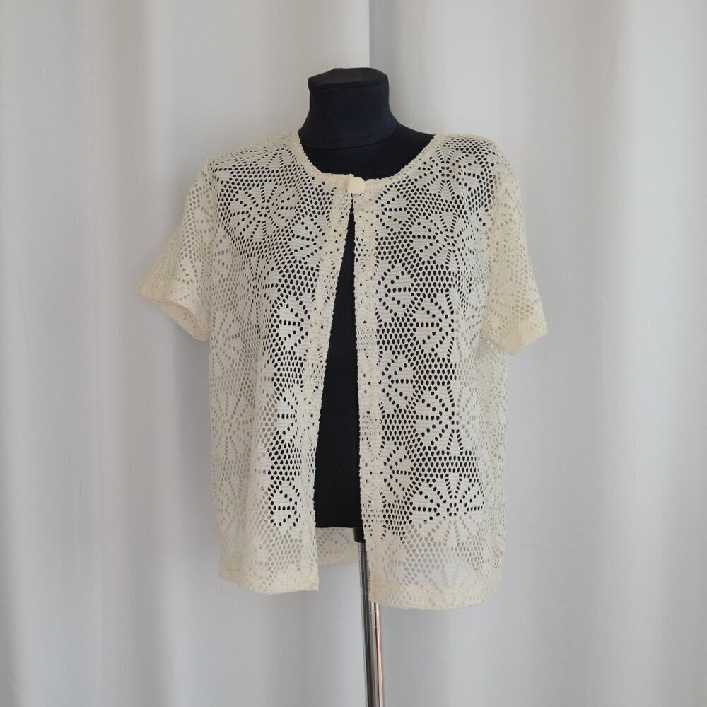 Vintage Cream Crochet Knit Lace Short Sleeve Top Sz M